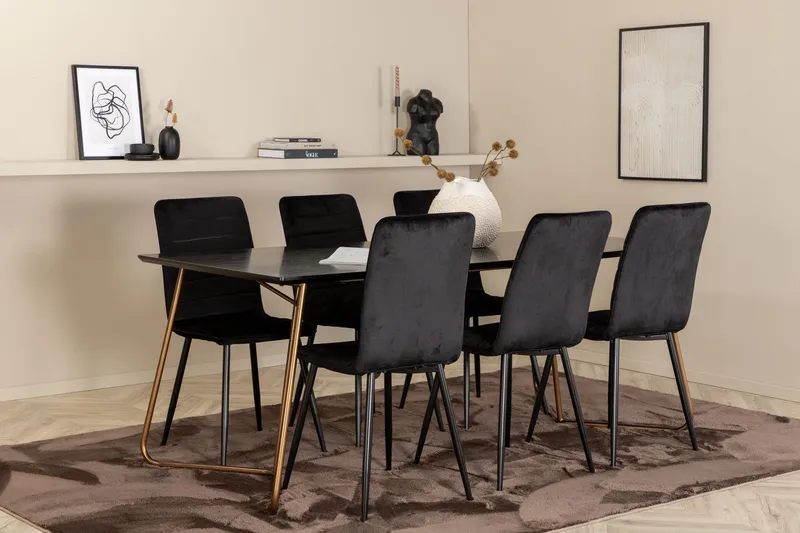 Pipi Matgrupp 190 cm inkl 6 Robin Sammetsstolar - Svart/Koppar — Venture Home