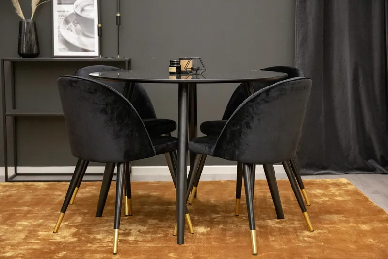 Plaza Matgrupp 100 cm Rund med 4 Velvet stolar - Svart/Guld (Art.nr 3059748) — Venture Home