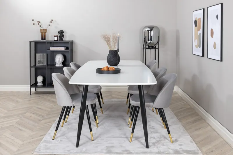 Polar Matgrupp 240 cm Rektangulär med 6 Velvet stolar - Svart/Guld — Venture Home