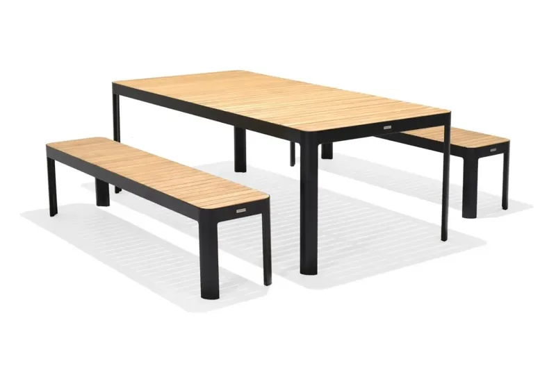 Portals Matgrupp Utomhus 209x105 cm + 2 Bänkar - Teak/Svart — Lifestyle Garden
