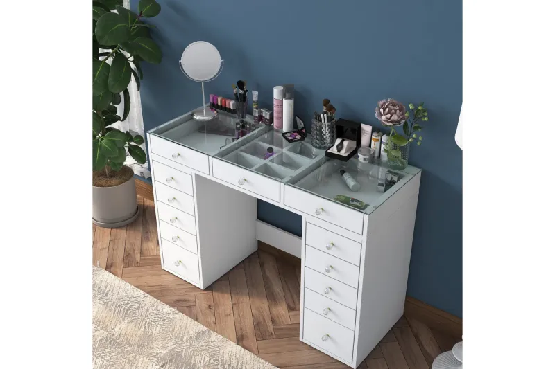 Ramender Sminkbord med förvaring Bordsskiva Glas 120 cm - Vit — Vit