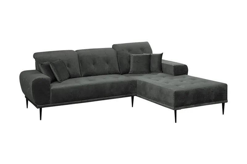 Rapale 3-sits Soffa med Divan Höger med Kuddar - Sammet/Ljusgrå/Svart — Sammet/Ljusgrå/Svart