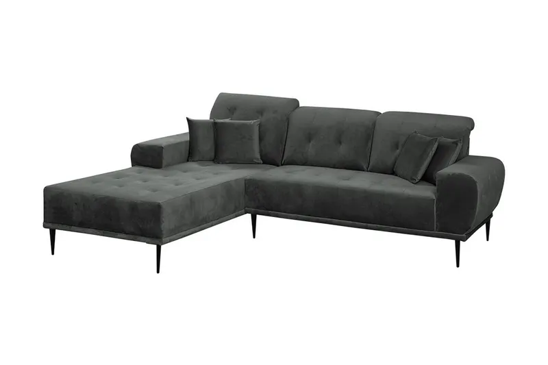 Rapale 3-sits Soffa med Divan Vänster med Kuddar - Sammet/Ljusgrå/Svart — Sammet/Ljusgrå/Svart