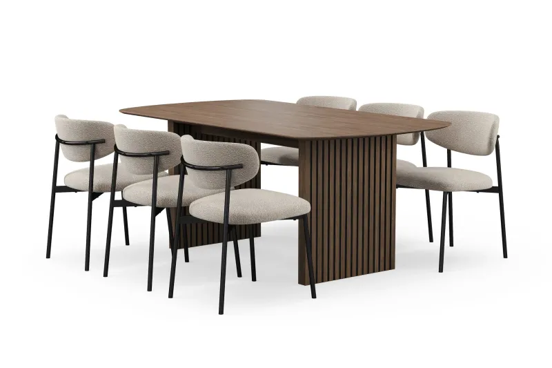 Richeto Matbord 180 cm med 6 Lucy Matstolar - Rökt ek / Greige Bouclé — Bark