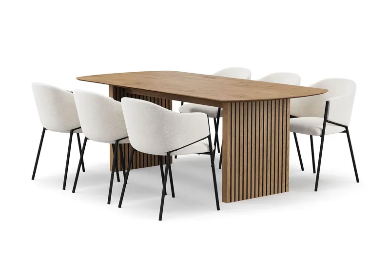 Richeto Matbord 210 cm med 6 Filip Matstolar - Naturlig finish / Vit Bouclé — Bark