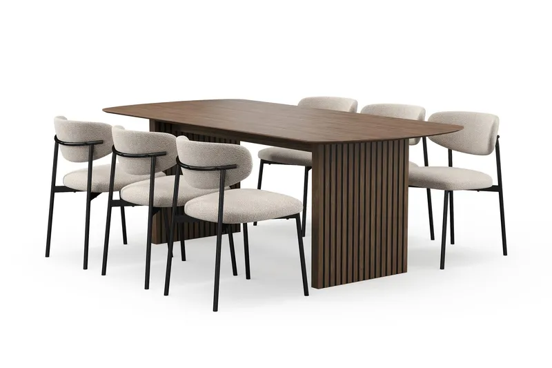 Richeto Matbord 210 cm med 6 Lucy Matstolar - Rökt ek / Greige Bouclé — Bark