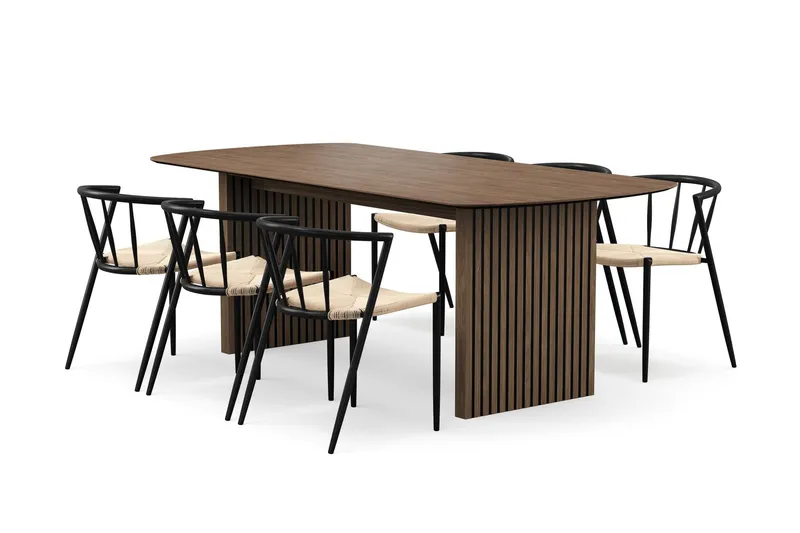 Richeto Matbord 210 cm med 6 Winston Matstolar - Rökt ek / Beige / Metallben Svart — Bark
