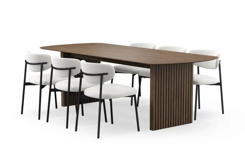 Richeto Matbord 240 cm med 6 Lucy Matstolar - Rökt ek / Vit Bouclé — Bark