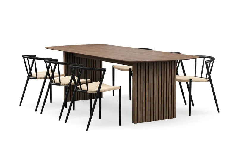 Richeto Matbord 240 cm med 6 Winston Matstolar - Rökt ek / Beige / Metallben Svart — Bark
