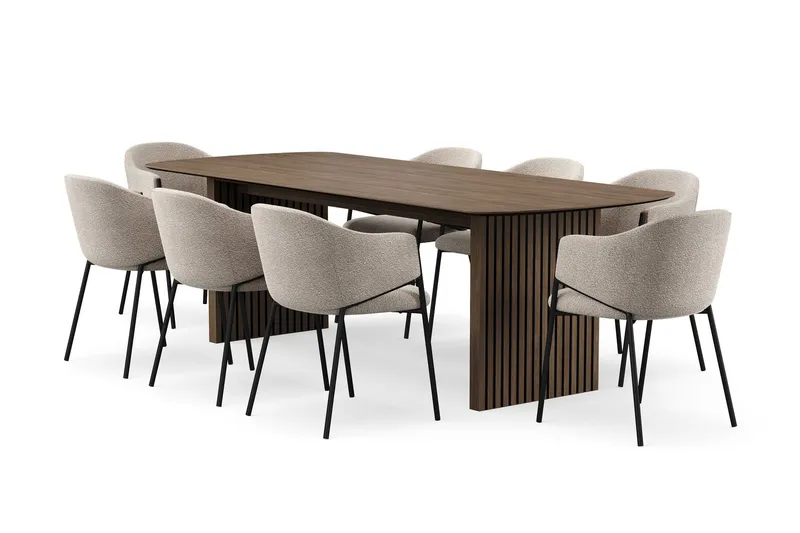 Richeto Matbord 240 cm med 8 Filip Matstolar - Rökt ek / Taupe Bouclé — Bark