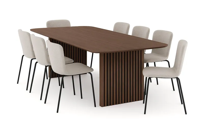 Richeto Matbord 240 cm med 8 Katy Matstolar - Rökt ek / Greige Bouclé — Bark