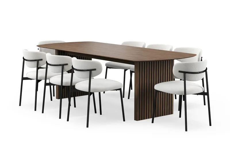Richeto Matbord 240 cm med 8 Lucy Matstolar - Rökt ek / Vit Bouclé — Bark