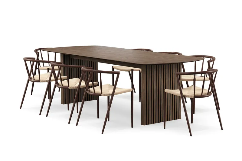Richeto Matbord 240 cm med 8 Winston Matstolar - Rökt ek / Beige / Metallben Rökt ek — Bark