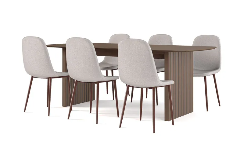 Richeto Matbord Rökt Ek 210 cm valnöt + 6 st Nibe stol beige med valnöt ben - Brun/Beige — Bark