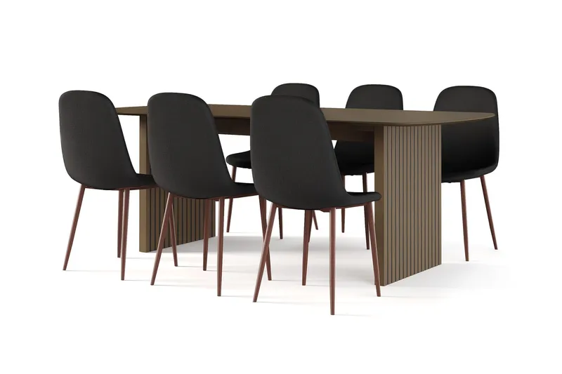 Richeto Matbord Rökt Ek 210 cm valnöt + 6 st Nibe stol svart med valnöt ben - Brun/Svart — Bark