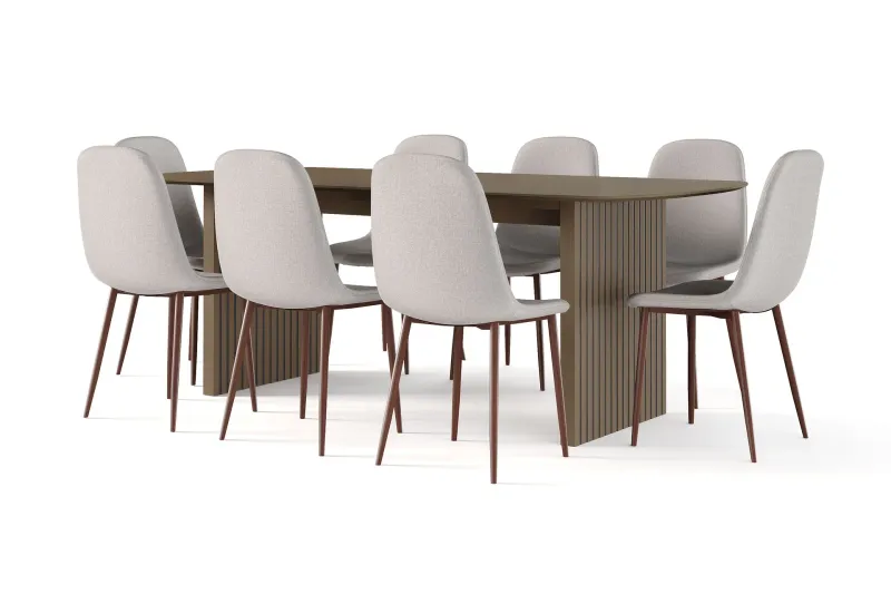 Richeto Matbord Rökt Ek 210 cm valnöt + 8 st Nibe stol beige med valnöt ben - Brun/Beige — Bark