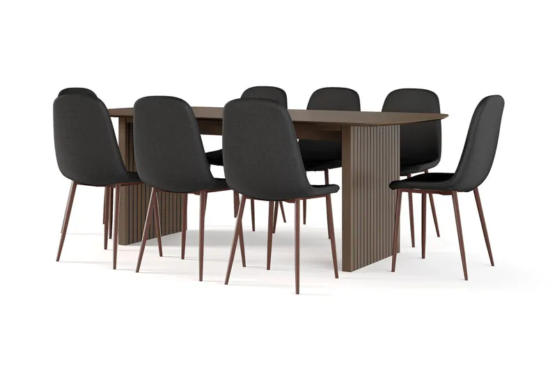 Richeto Matbord Rökt Ek 210 cm valnöt + 8 st Nibe stol svart med valnöt ben - Brun/Svart — Bark