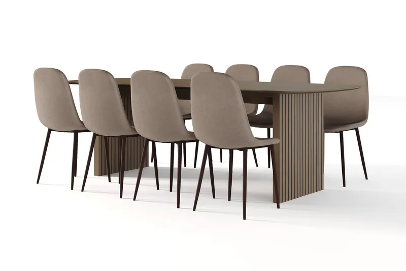 Richeto Matbord Rökt Ek 240 cm valnöt + 8 st Nibe stol brun med valnöt ben - Brun — Bark
