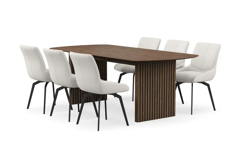 Richeto Matgrupp Rökt Ek 210 cm med 6 Mora Snurrstolar - Rökt ek/Ljusbeige — Bark