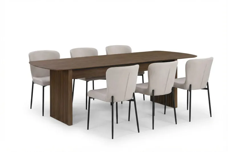 Richeto Matgrupp Rökt Ek 240 cm med 6 Elsie Matstolar - Rökt ek/Beige — Bark
