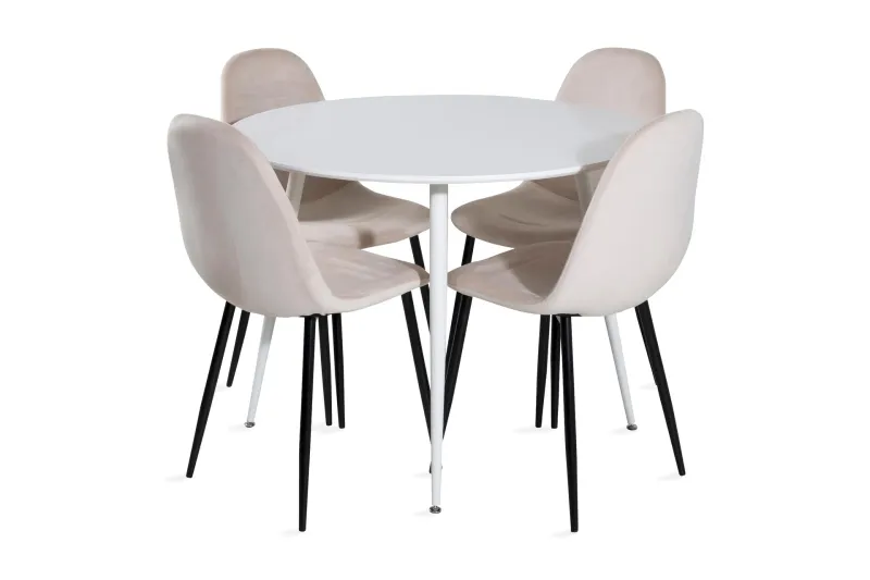 Ridones Matgrupp 100 cm Rund inkl 4 Pontus Stolar - Vit/Svart/Beige — Venture Home