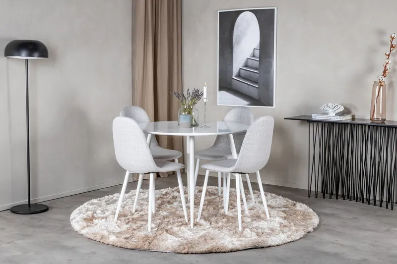 Ridones Matgrupp 100 cm Rund inkl 4 Ypas Stolar - Vit/Grå — Venture Home