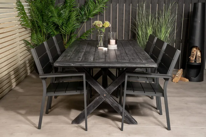Rives Matgrupp Utomhus 200cm + 6 Levels Stapelbara Matstolar - Svart — Venture Home