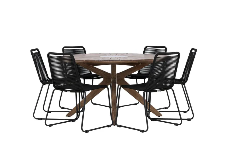Rosario Matgrupp Rund 140 cm + 6 st Linero Matstolar Svart/Brun — Venture Home