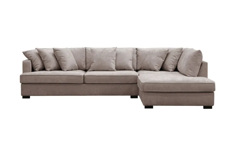 Rossita 4-sits Högervänd L-formad Djup Schäslongsoffa i Chenille - Grå / Brun — Scandinavian Choice