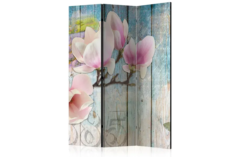 Rumsavdelare - Pink Flowers on Wood 135x172 - Artgeist sp. z o. o. — Artgeist sp. z o. o.