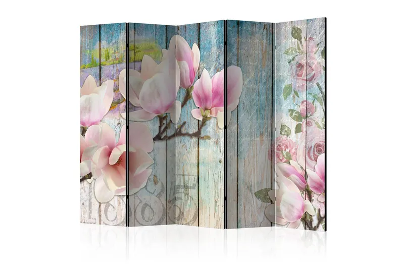 Rumsavdelare - Pink Flowers on Wood II 225x172 - Artgeist sp. z o. o. — Artgeist sp. z o. o.