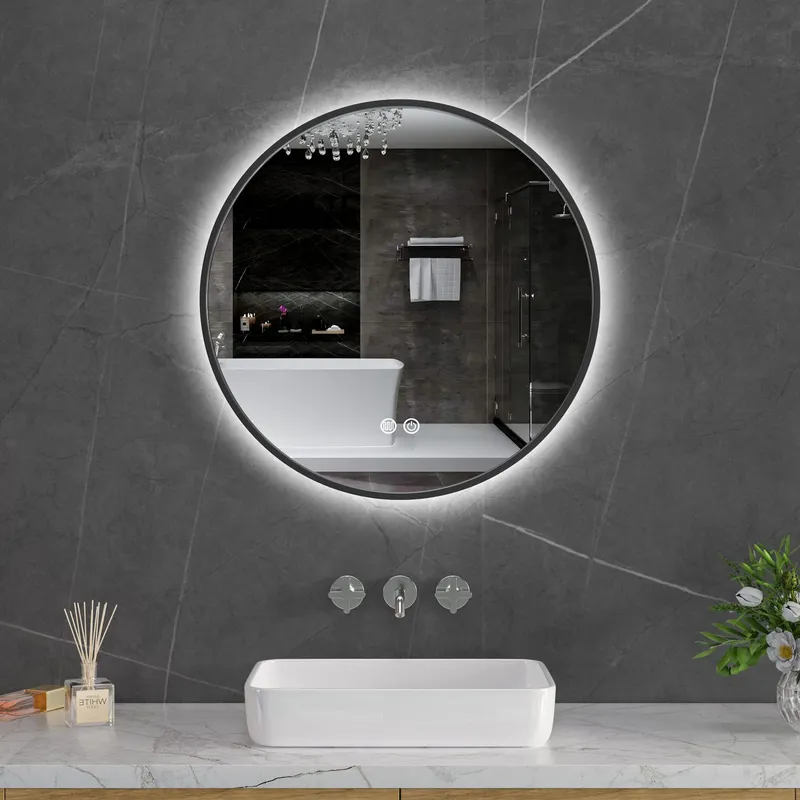 Rund badrumsspegel 60 cm \| Svart ram \| LED-belysning \| Anti-fog & touch-styrning