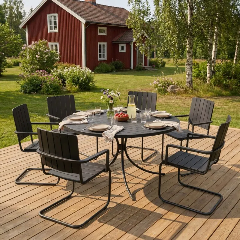 Rund utemöbel matgrupp | Bord med 6 stolar | Akacia | Gräsö svart — -