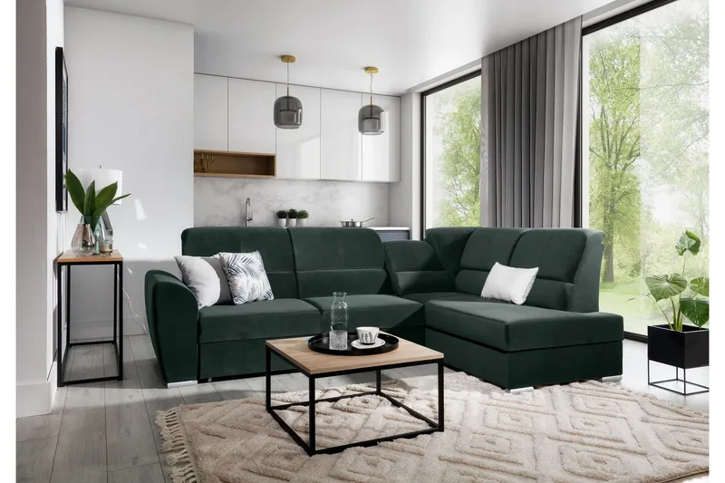 Sajmon Bäddsoffa m. Schäslong 3-sits - Mörkgrön (Art.nr 1722464) — Mörkgrön