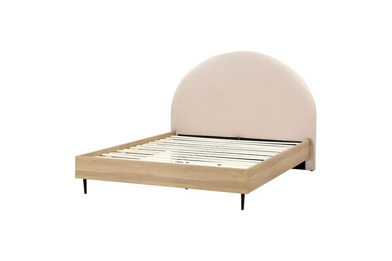 Säng med lamellram Millay - Beige, ljust trä, svart/Bouclé, 140x200 cm — Beige, ljust trä, svart/Bouclé, 140x200 cm