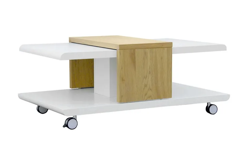 Saturnina Soffbord 110 cm med Förvaring Hyllor på Hjul - Vit/Trä — Scandinavian Choice