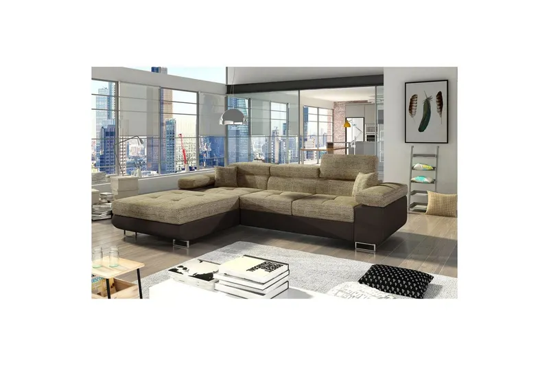 Sektionssoffa Eltap Armando 289x85x203 cm - Berlin 03, Mjuk 66, Beige, Mörkbrun, Vänster — Berlin 03, Mjuk 66, Beige, Mörkbrun, Vänster
