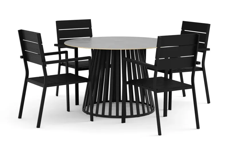 Sensi utomhus matgrupp 120 cm med 4 Tunis stapelstolar - Svart — deNoord
