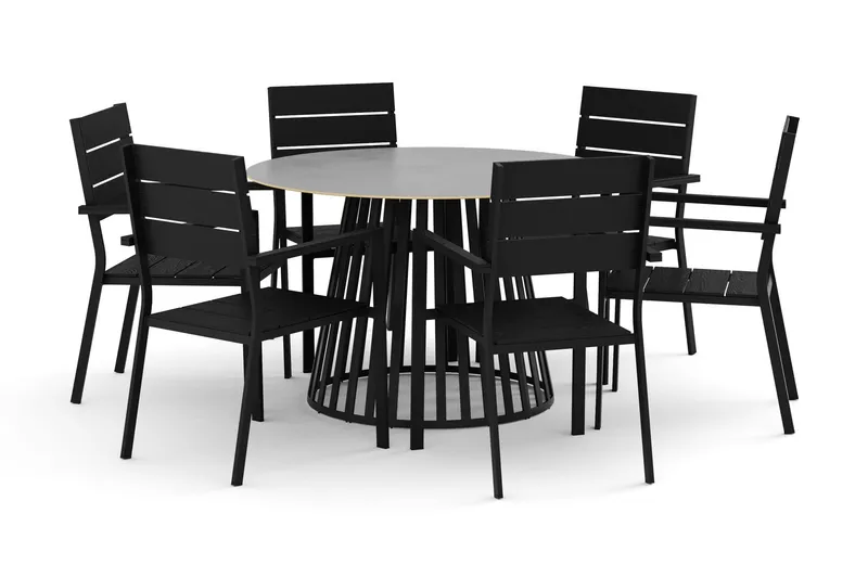 Sensi utomhus matgrupp 120 cm med 6 Tunis stapelstolar - Svart — deNoord
