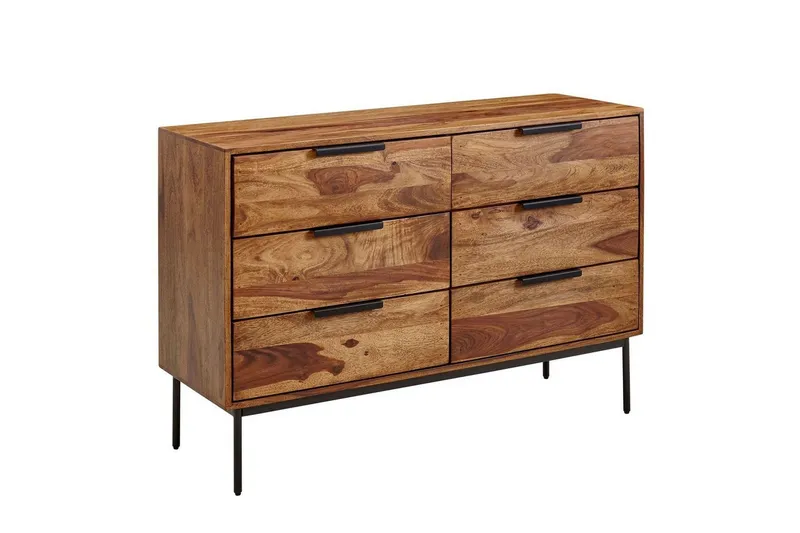 Sideboard Wohnling Massivt trä 117 cm 6 lådor filigrant metallben lantligt stil — Wohnling