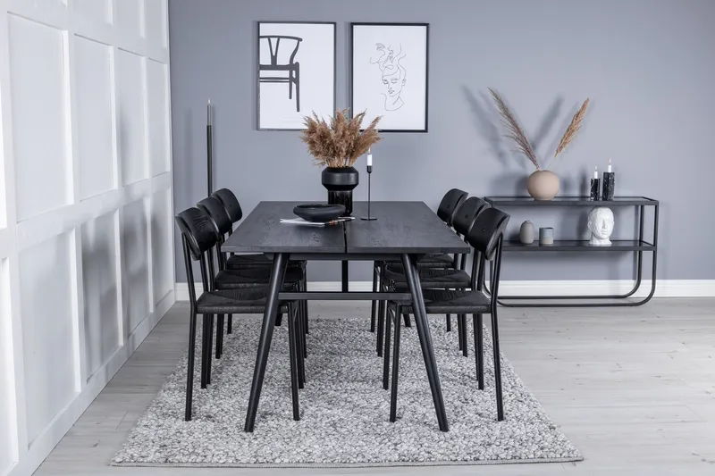 Sleek Matgrupp Förlängningsbar 195 cm Rektangulär med 6 Polly stolar - Svart — Venture Home
