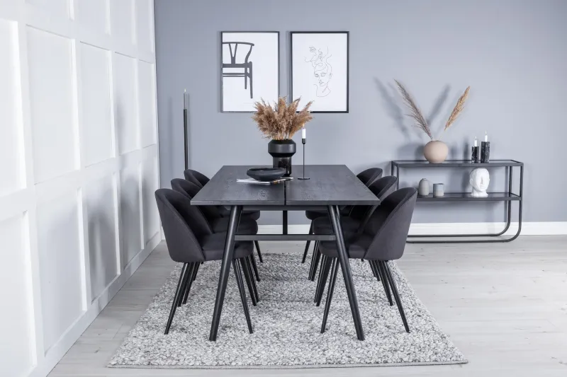 Sleek Matgrupp Förlängningsbar 195 cm Rektangulär med 6 Velvet stolar - Svart — Venture Home