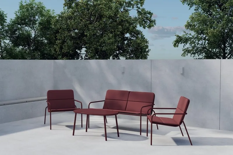 Soffgrupp Fourni 2-sits Soffa + 2 Fåtöljer med bord Utomhus - Vinröd — Venture Home