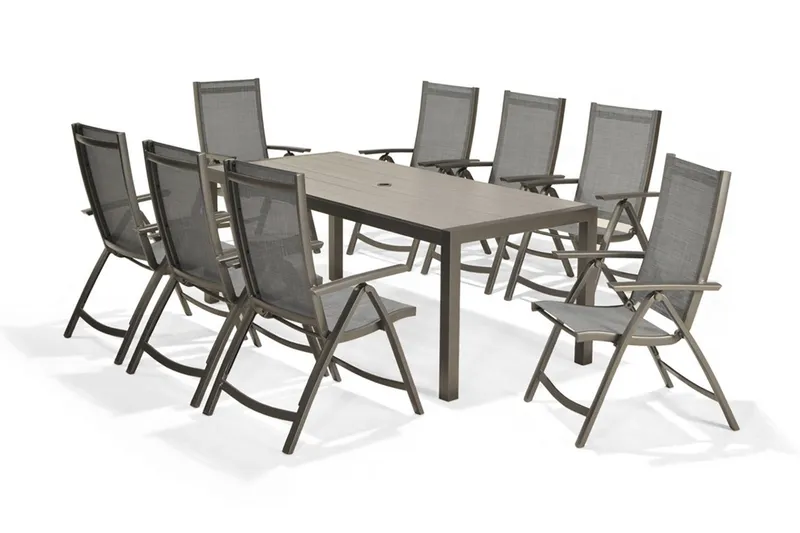Solana Matgrupp Utomhus 201 cm + 8 Positionsstolar - Grå — Lifestyle Garden