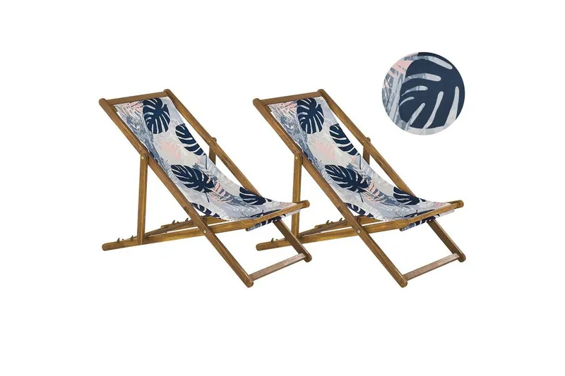 Solstol set om 2 Anzio - ljust trä/off-white/blå palmbladsmönster — ljust trä/off-white/blå palmbladsmönster