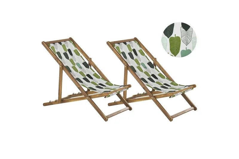 Solstol set om 2 Anzio - ljust trä/off-white/grön lövmönster — ljust trä/off-white/grön lövmönster