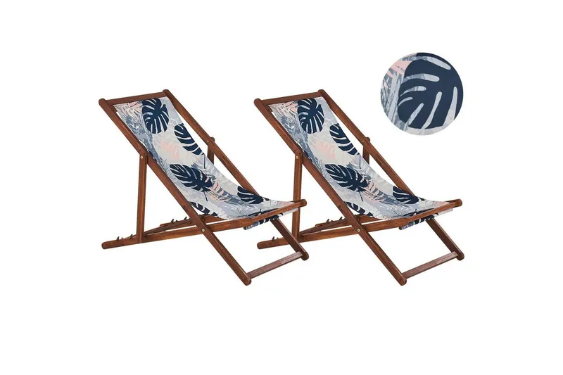 Solstol set om 2 Anzio - mörkt trä/off-white/blå palmbladsmönster — mörkt trä/off-white/blå palmbladsmönster