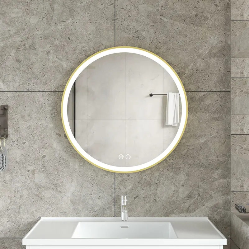Stilren LED-spegel \| 60x60 cm \| Guldaluminiumram \| Anti-fog & touch-styrning