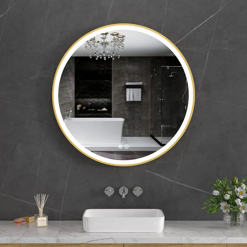 Stilren LED-spegel 80x80cm \| Guldaluminiumram\| Anti-fog & touch-styrning
