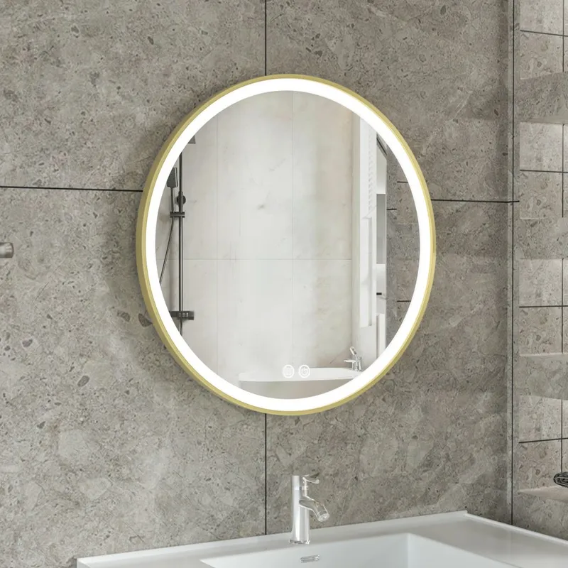 Stilren LED-spegel 80x80cm | Guldaluminiumram| Anti-fog & touch-styrning — Lyfco